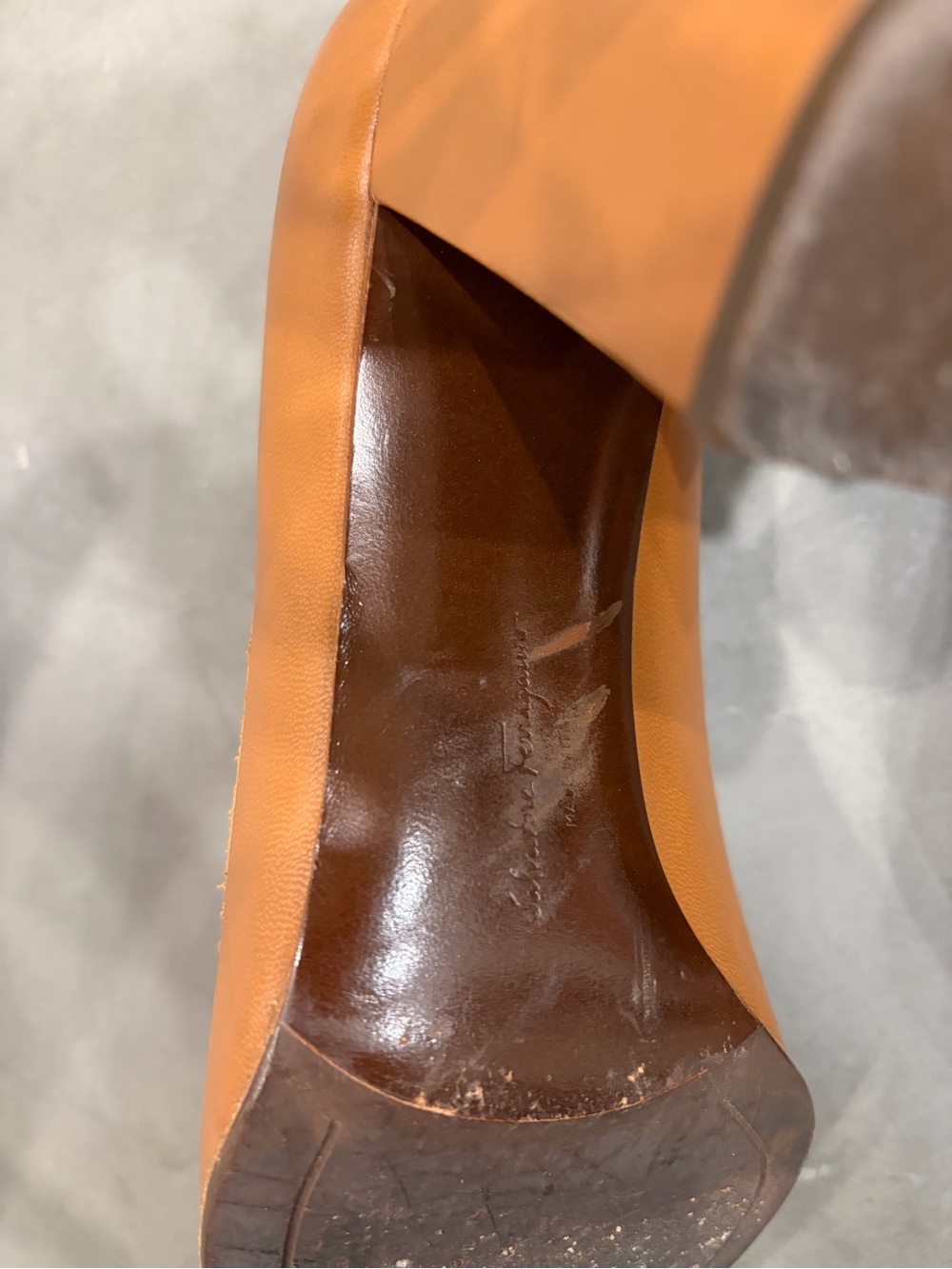 Salvatore Ferragamo Tan and Brown Leather Block Heel Pump - Picture 9 of 14